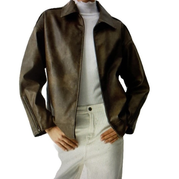Commense Distressed Faux Leather Double Pockets Jacket - Picture 2 of 6
